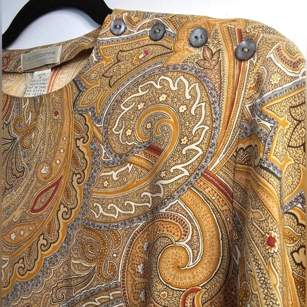 Vintage 100% Silk Paisley Gold Yellow Red Long Sleeve Blouse